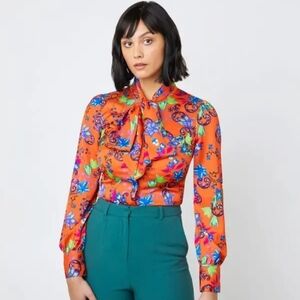 Hawes & Curtis '70s Inspired Orange Floral Tie Front Pussybow Satin Blouse 18